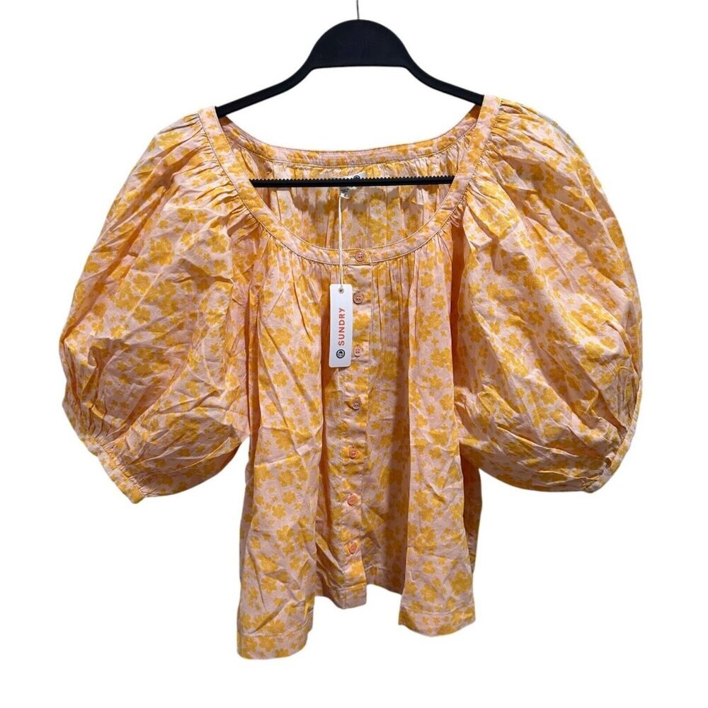 Sundry Womens XS Yellow Floral Puff Sleeve Button Front Cotton Blouse Top NWT - Picture 4 of 11